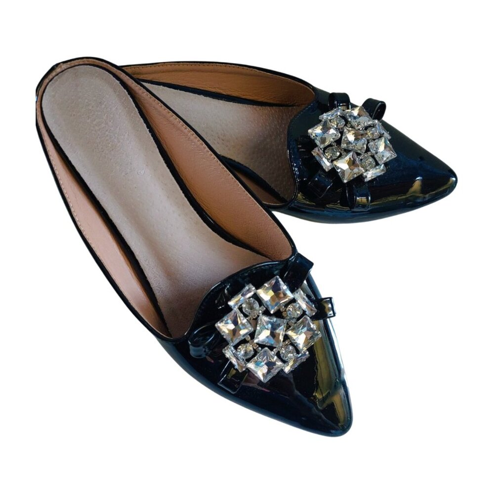 Italian Black Patent Leather & Rhinestones Rubber Soled Bendable Mules, 7.5